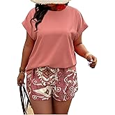 SOLY HUX Women's Plus Size 2 Piece Outfits Summer Printed Short Sleeve Blouse Tops and Shorts Set