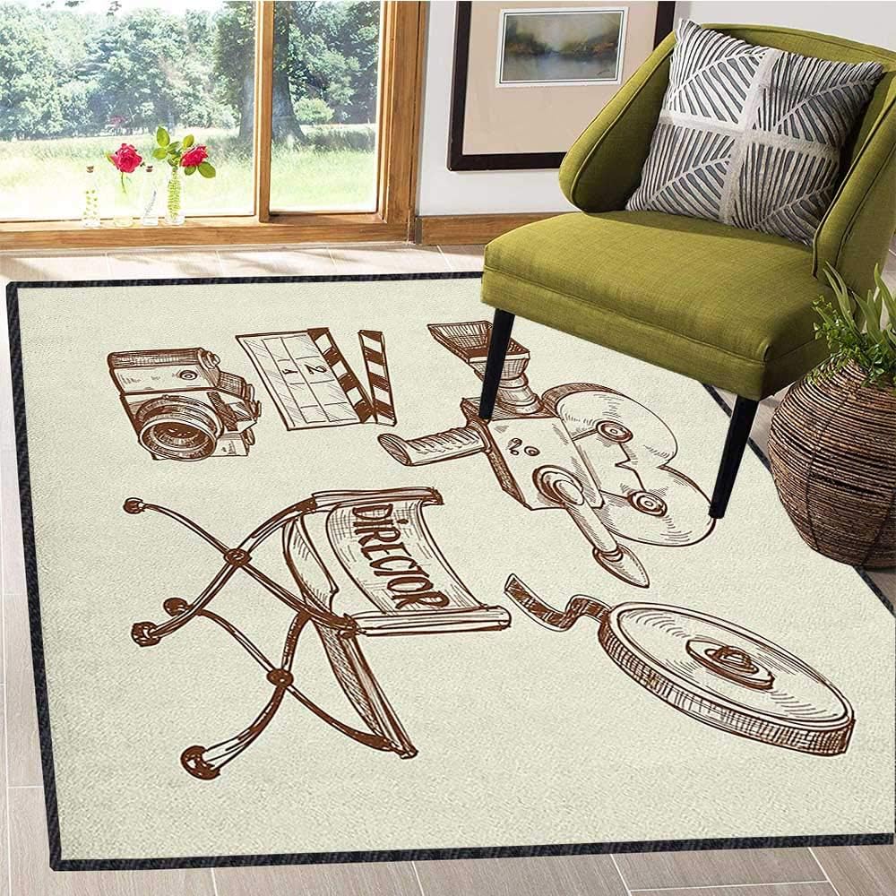 Movie Theater Contemporary Synthetic Rug,Photography and Cinema Vintage Set in Sketch Art Style Director Shooting for Dorm Playing Room Beige Brown 59"x71"