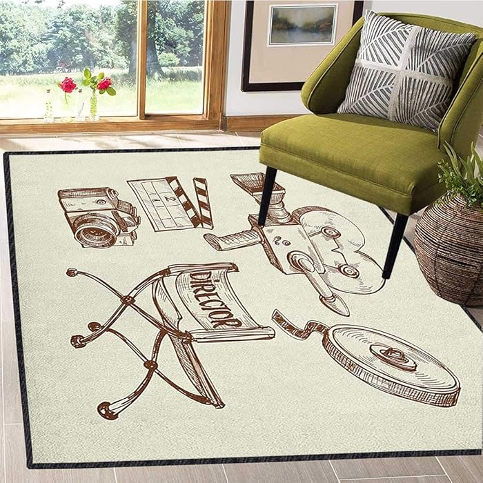 Movie Theater Contemporary Synthetic Rug,Photography and Cinema Vintage Set in Sketch Art Style Director Shooting for Dorm Playing Room Beige Brown 59"x71"