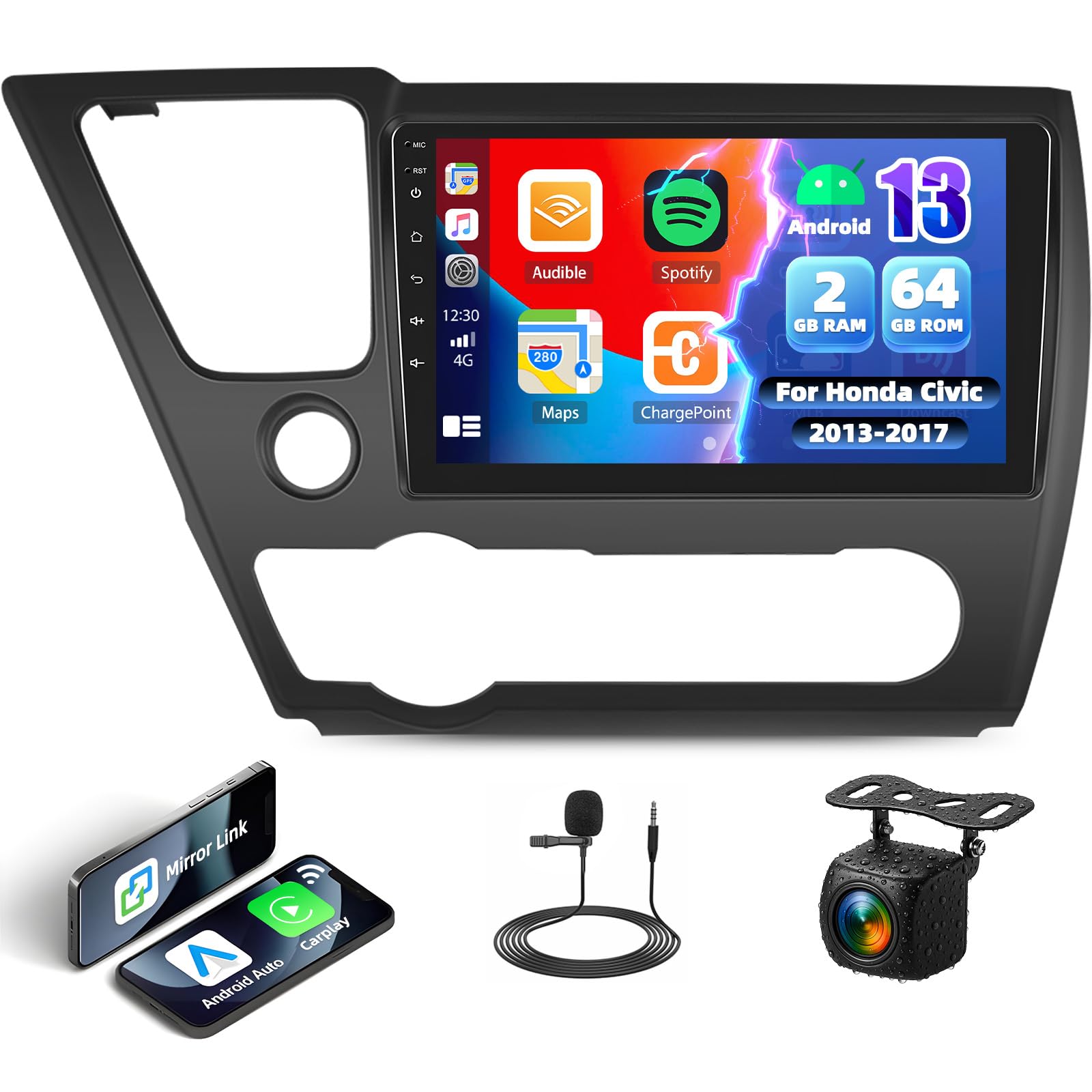 Photo 1 of 2G+64G Android 13 Car Stereo Radio for Honda Civic 2013-2017 Wireless Car play Android Auto, 9" Touch Screen in-Dash GPS Navigation Head Unit Bluetooth FM/RDS EQ WiFi, USB + AHD Backup Camera & Mic