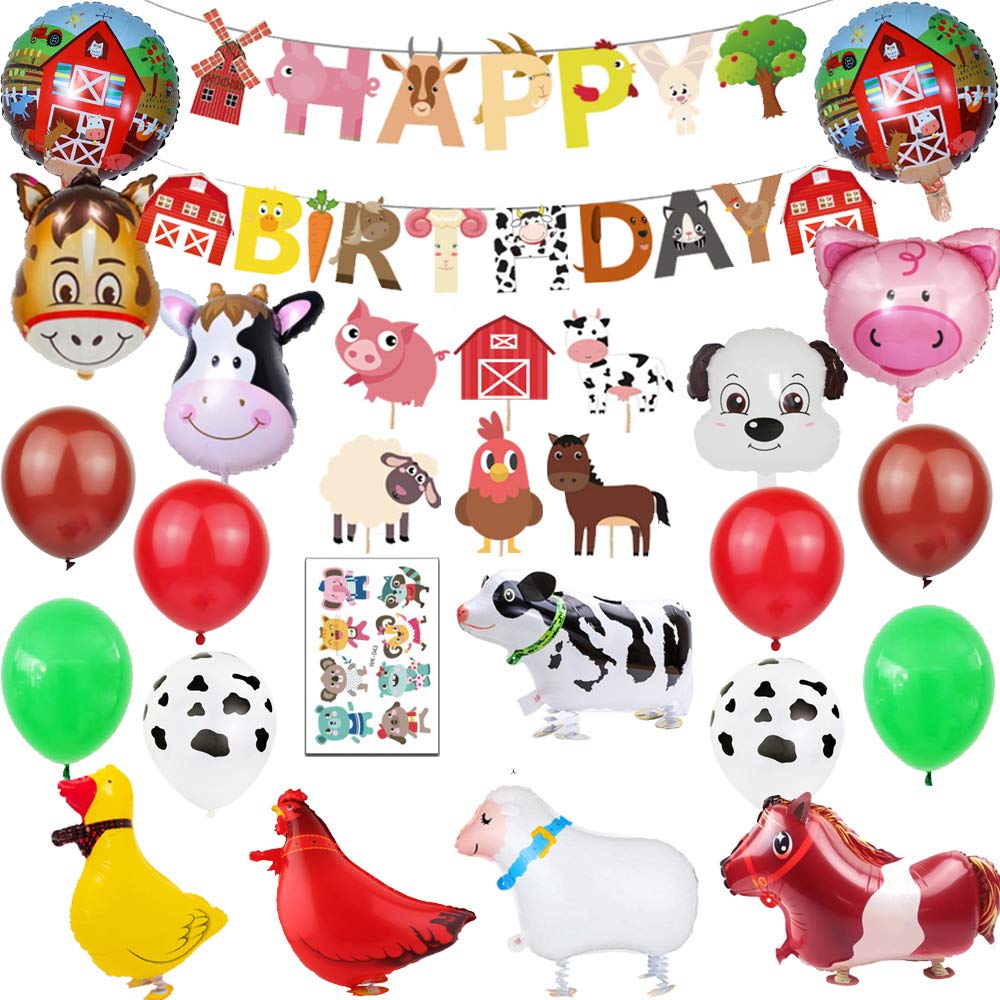 Farm Animal Party Decorations 67pcs Farm Walking Balloons Cupcake Toppers Cupcake Toppers Happy Birthday Banner for Boy or Girls Barnyard Birthday Party Supplies
