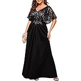 Ever-Pretty Plus Women's Sequin Plus Size Formal Evening Dress V-Neck Cape Sleeve Maxi Mother of Bride Dresses