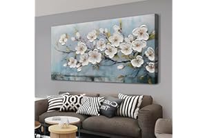 Anolyfi Large White Textured Flowers Wall Art for Living Room Canvas Painting, Modern Elegant Landscape Artwork Framed Bedroom Hallway Kitchen Office Home Decor 58"x29"