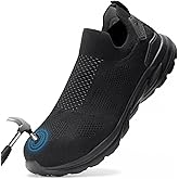 Furuian Slip On Steel Toe Safety Shoes for Men Lightweight Breathable Steel Toe Work Sneakers Comfortable Non Slip Safety Work Tennis Shoes for Men Black