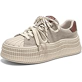 BEAU TODAY Platform Sneakers for Women, Casual Leather Suede Ladies Sneakers, Comfortable Retro Cute Lace-up Tennis Fall Shoes