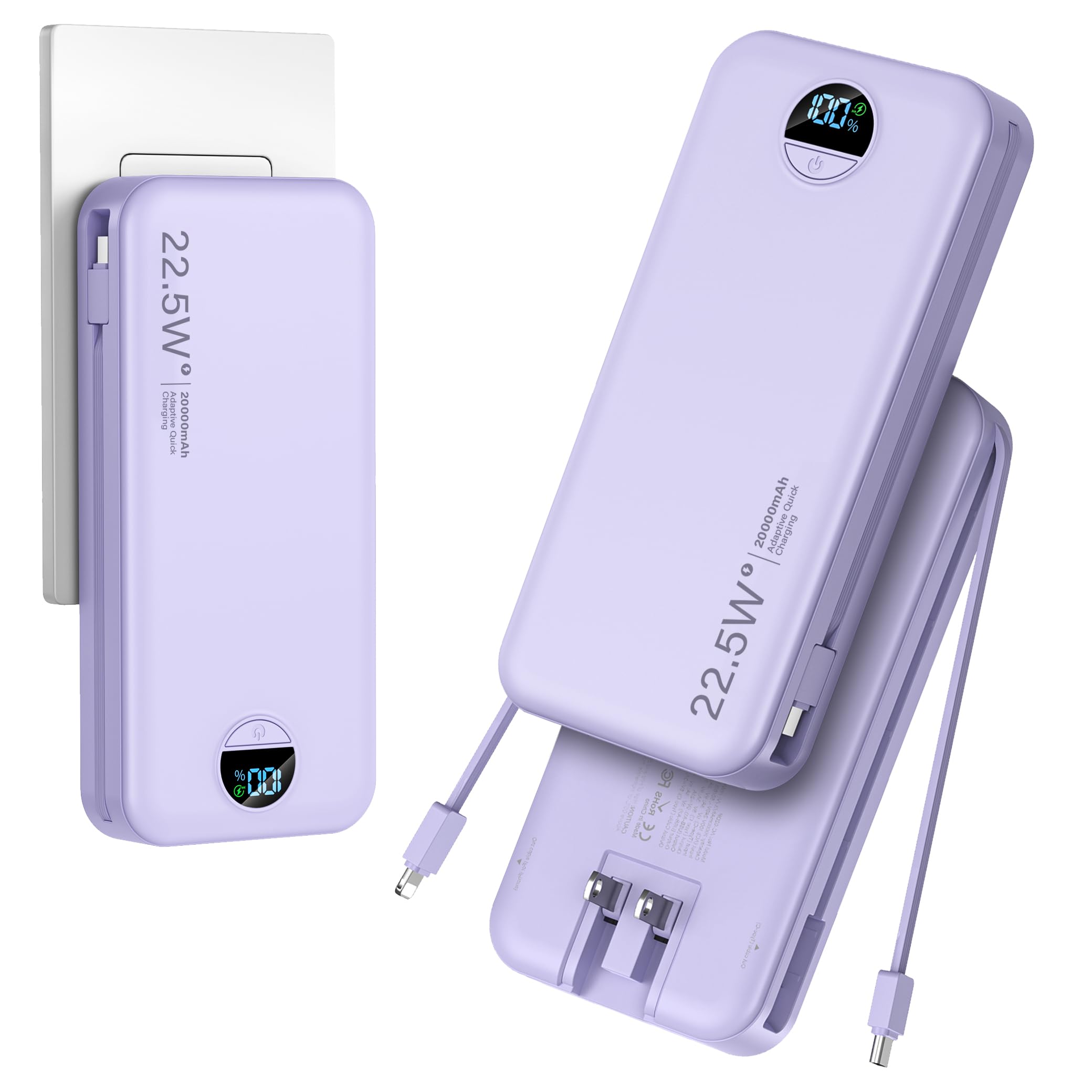 Photo 1 of 20000mAh Ultra-Portable-Charger-Power-Bank with Built in Cables&AC Wall Plug,PD20W USB-C Fast Charging Cell Phone Charger Battery Pack,LED Display Travel Battery Bank for All iPhone,Samsung,Android