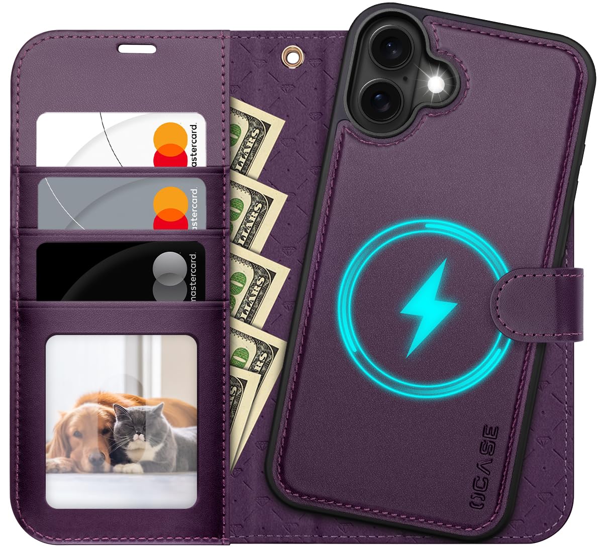 OCASE for iPhone 16 Case, Detachable 2 in 1 PU Leather Wallet Case with RFID Blocking, Wireless Charging, Card Holders, Kickstand, Shockproof Removable Phone Cover, Dark Purple