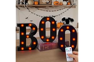 ODEWHINE Halloween Decoration Indoor, "BOO" Sign - LED Marquee Light Up Letters with Auto On/Off Feature & Timer Function, Battery Operated Party Tabletop & Mantel Decor, Gift for Halloween Lovers (3PCS)