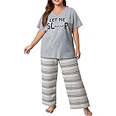 NANYUAYA Plus Size Women’s Pajama Sets, Soft Loungewear V Neck Short Sleeve Carpri Pant with Pockets Sleepwear PJs 1X-5X