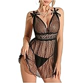 OYOANGLE Women's Babydoll Lingerie 2 Piece Polka Dots Sheer Chemise Nightgowns Teddy Lingerie Set