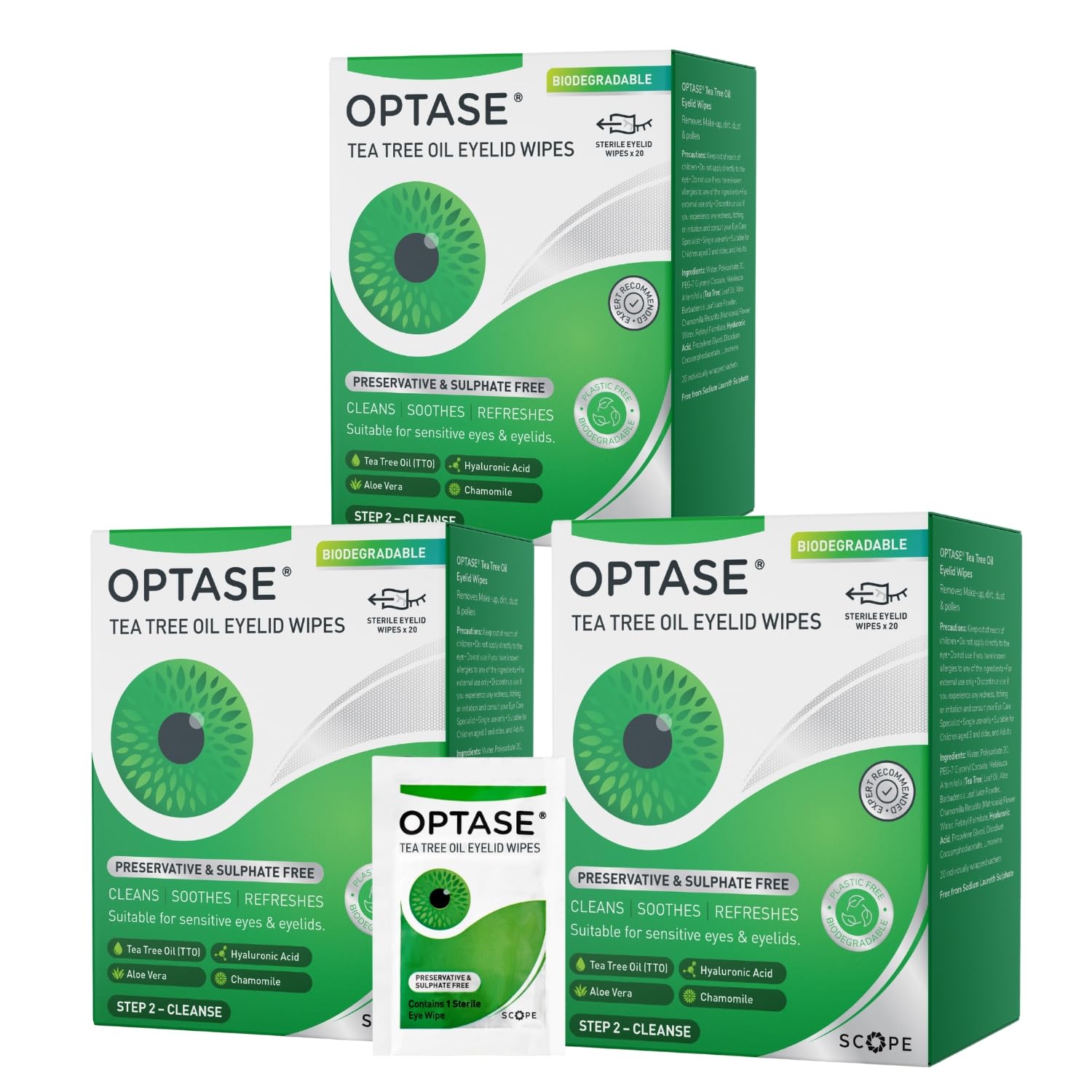 Optase Tea Tree Oil Eyelid Cleansing Wipes - Daily Hygiene & Relief from Blepharitis, Tired and Dry Eyes - 3x20 Pack