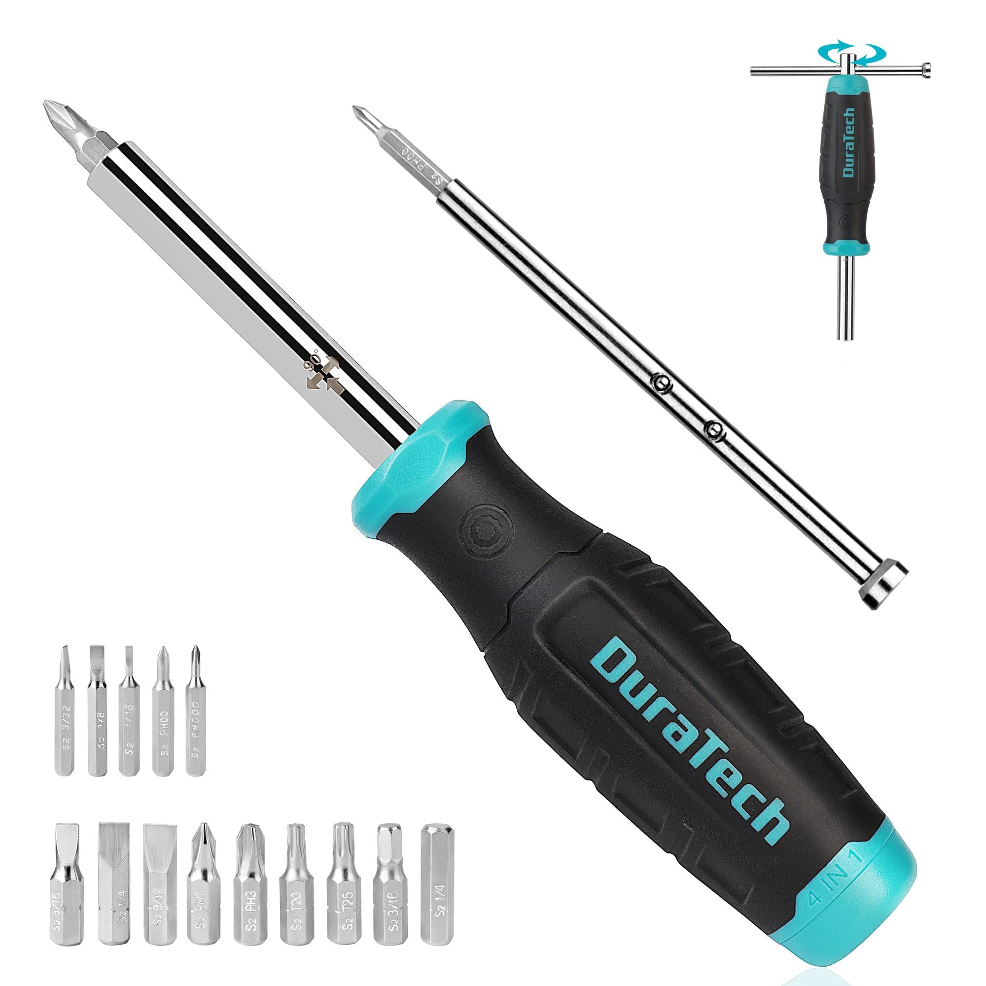DURATECH Multi-Bit Screwdriver Sets, Hand Screwdriver T-Handle Screwdrivers, Screwdriver with Phillips, Slotted, Hex and Torx bits, 16 Bits for DIY and Home Repairs