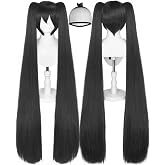 ANOGOL 48inch/120cm Black Wig with 2 Ponytails Long Black Pigtail Wigs | +Hair Cap Long Straight Cosplay Wigs Anime Party Costume Lolita Wig with Twin Ponytails Synthetic Hair Halloween