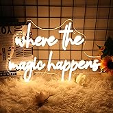 Neonawall Where The Magic Happens Neon Sign Led Light Up Signs for Wall Decor Usb Powered Letter Neon Light Signs for Bedroom Wedding Decor Birthday Party Shop Man Cave 22 x 13''(Warm White)