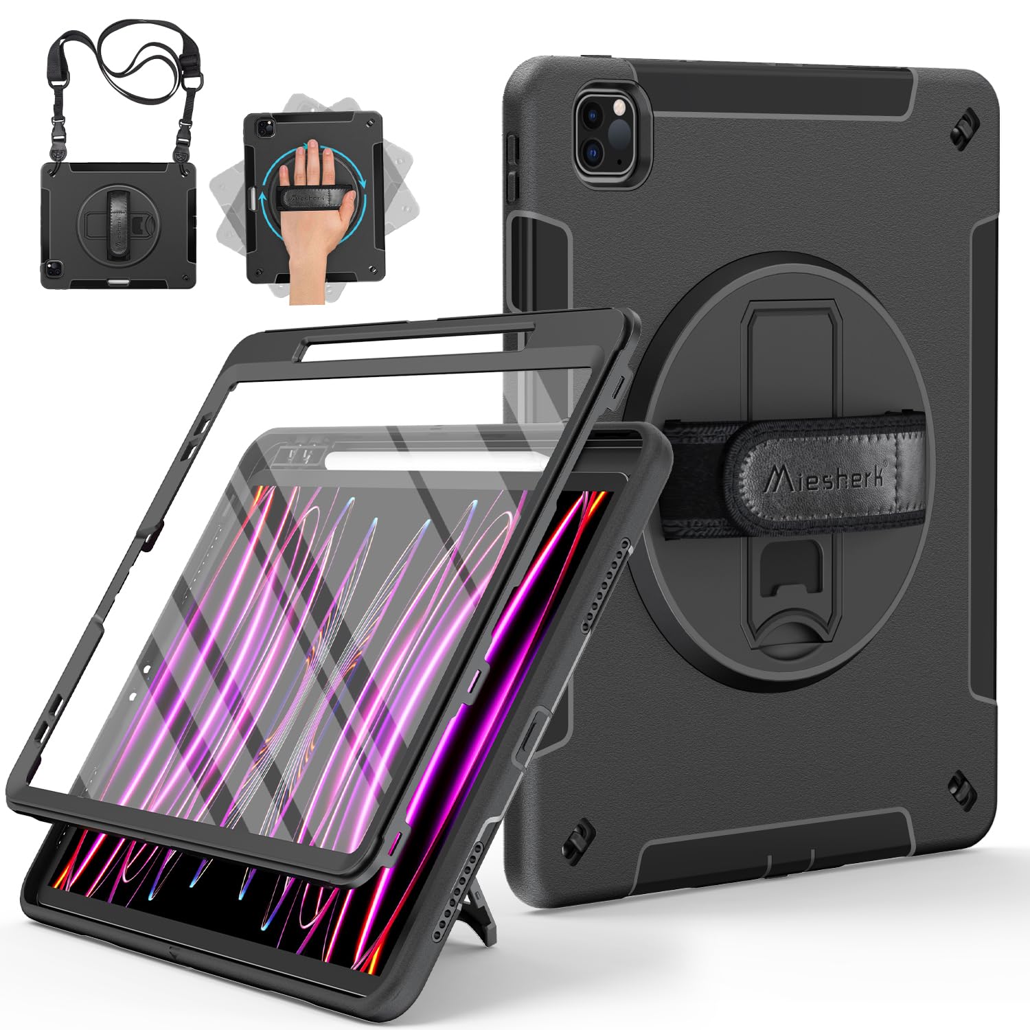 Miesherk Case for iPad Pro 12.9 6th/5th/4th/3rd Generation: Military Grade Protective Shockproof Cover for iPad Pro 12.9 Inch 2022/2021/2020/2018-Pen Holder-Rotating Stand-Hand/Shoulder Strap-Black