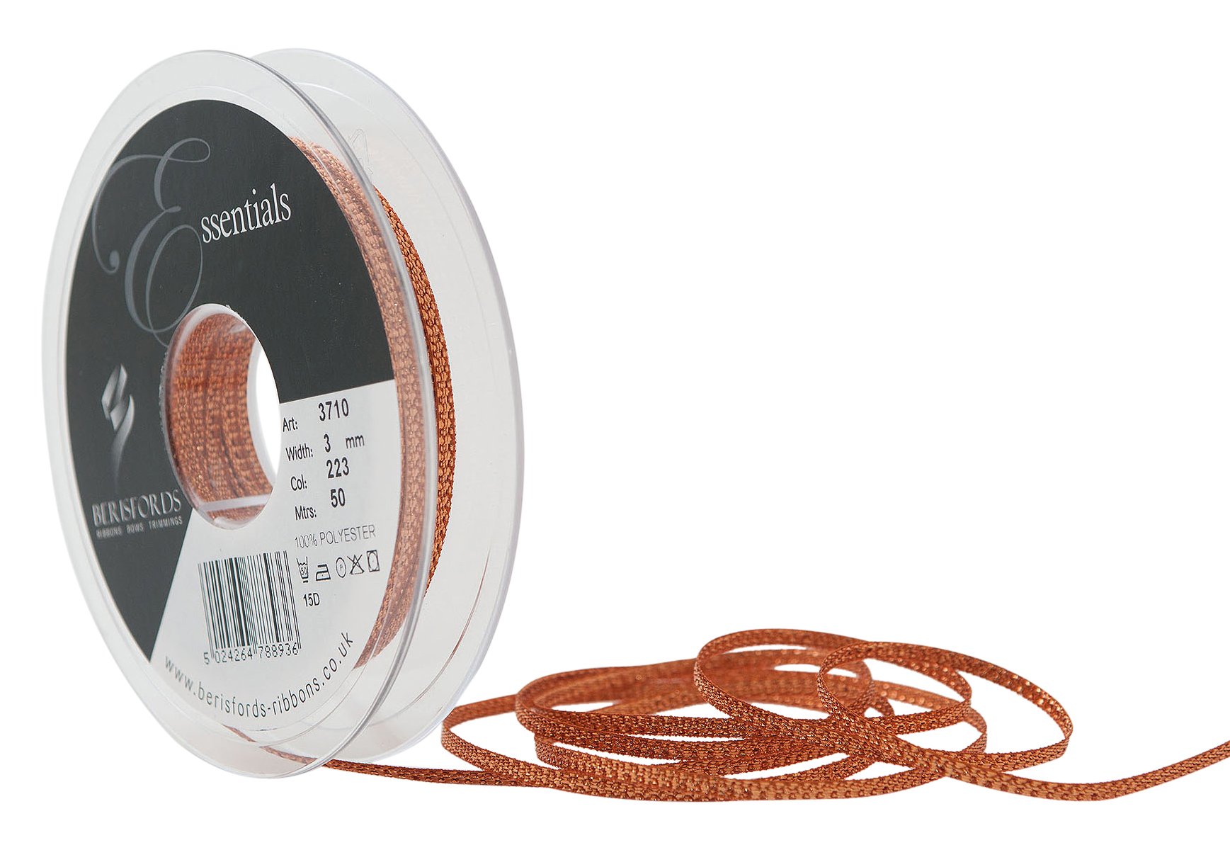 Berisfords Textured Metallic Ribbon, Copper, 3 mm