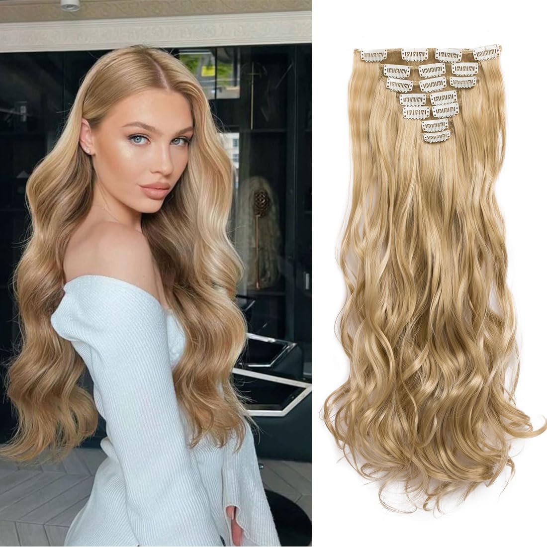Swy Hair Clip in Hair Extensions Body Wave 22 inches 7Pcs 150g Straight Hair Synthetic Hair Extensions (W-Golden Blonde, Wavy) โ image 1