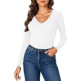 Vrtige Women's Casual Lace V Neck Long Sleeve Ribbed Fitted Blouse Shirt Top