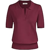 Kate Kasin Women Short Sleeve Polo Sweater V Neck Knitted Tops Casual Ribbed Shirt Loose Pullover Sweater