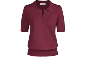 Kate Kasin Women Short Sleeve Polo Sweater V Neck Knitted Tops Casual Ribbed Shirt Loose Pullover Sweater