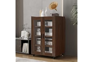 ELECWISH Media Storage Cabinet, Audio-Video Media Stand,Stereo Cabinet with 4 Height-Adjustable Shelves, AV Rack with Glass Doors for Meeting, Living, Recording Room, Brown