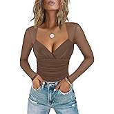 Chunpin Women's Square V Neck Mesh Bodysuit Long Sleeve Mesh Tops Outfits Sexy Bodysuits