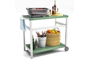 RICNOD Outdoor Dining Cart Table, Aluminum Grill Cart, Movable Pizza Oven Table Rustproof Weatherproof, Kitchen Cart for Backyard, Garden, Lawn, White Green
