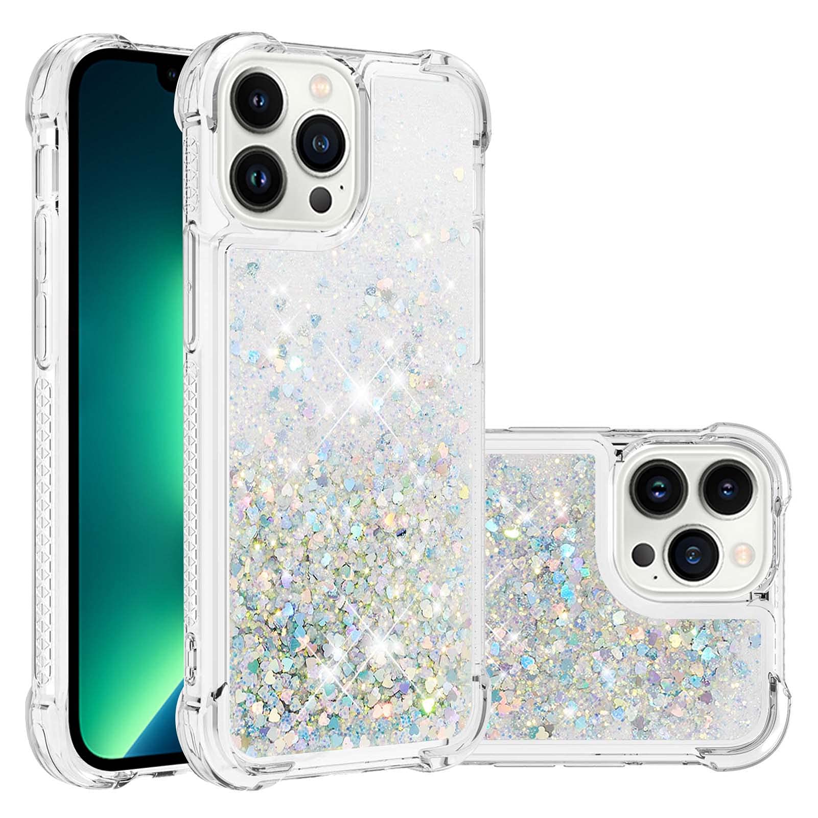 IMEIKONST Compatible with iPhone 15 Pro Glitter Case, Liquid Sparkle Quicksand Clear Transparent Sequin Girls Slim TPU Bumper Silicone Shockproof Cover for iPhone 15 Pro. Love Silver YBW