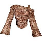 Milumia Women's Plus Size Floral Off Shoulder Mesh Tops Y2k Long Bell Sleeve Asymmetrical Crop Top