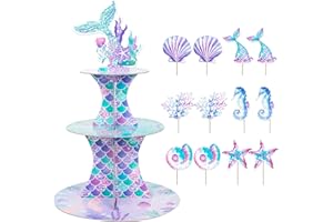 OPUHOHR 3 Tier Mermaid Cupcake Stand,Cupcake Tower with 12pcs Mermaid Theme Cake Topper, Dessert Tower Holder for Mermaid The