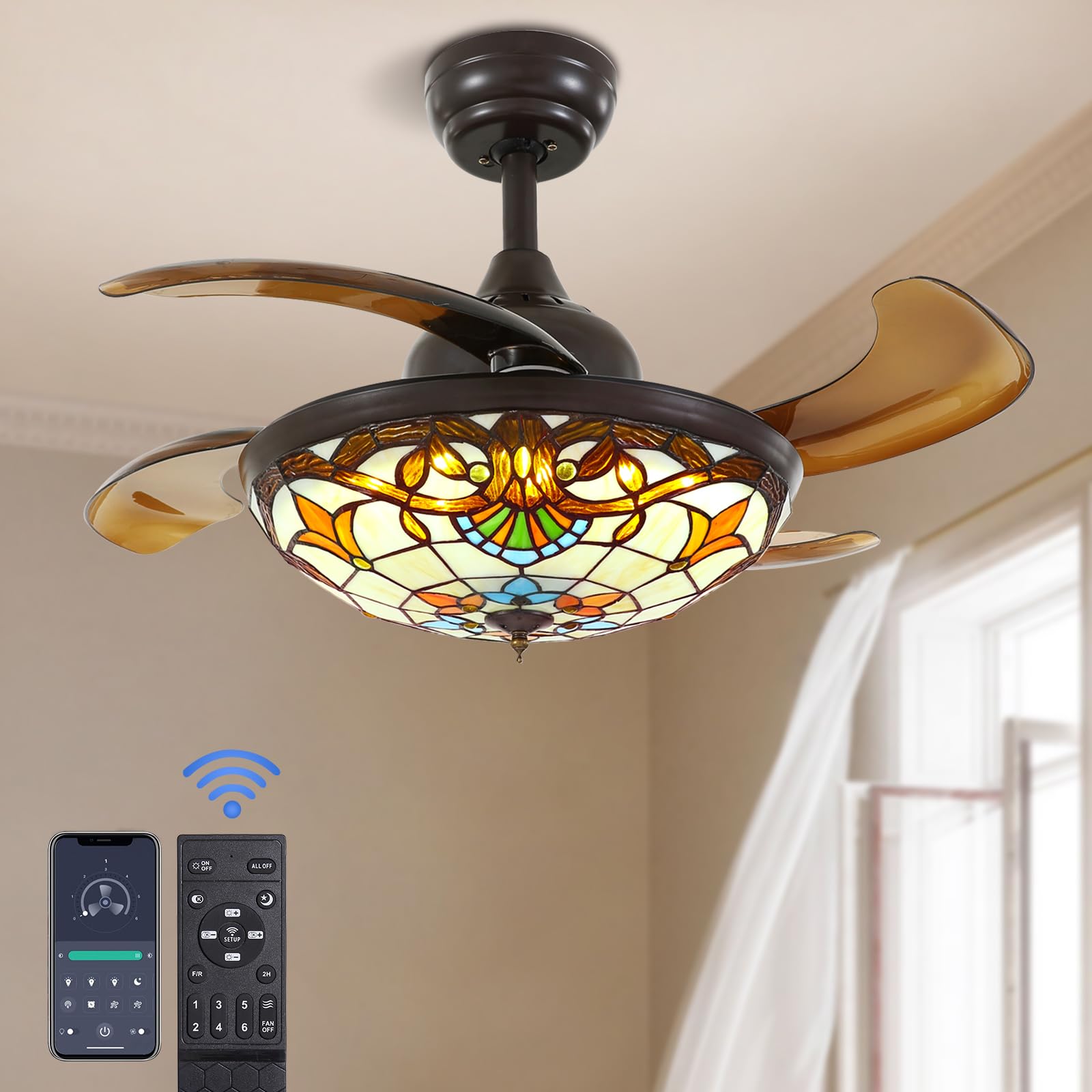 Photo 1 of (functional light only*) APBEAMLighting 36" Tiffany Style Ceiling Fan with Lights, Remote Control Led Dimmable Fandelier Fixture with 4 Retractable Reverse Blades, Vintage Stained Glass Suit for Bedroom Living Room