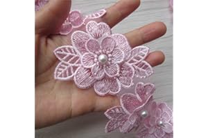 SHBBON 2 Yards 3D Flower Lace Trim Pearl Embroidered Polyester Lace Ribbon Fabric Applique Patchwork for Wedding Dress Handmade DIY Sewing Craft Supplies Decoration (Pink)