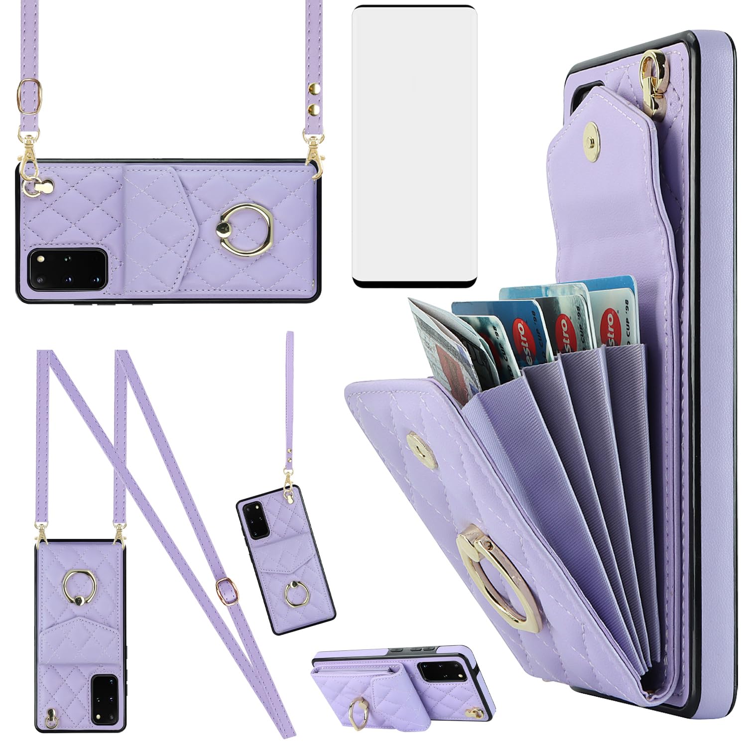Photo 1 of Asuwish Phone Case for Samsung Galaxy S20 Plus S20+ 5G Wallet Cover with Tempered Glass Screen Protector and Ring RFID Blocking Card Holder Cell S20+5G S20plus 20S + S2O S 20 20+ G5 Women Girls Purple