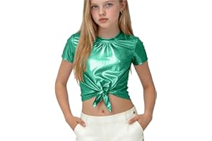 Girls Shiny Crop Top Metallic Short Sleeve Shirt Scoop Neck Blouse Front Tie Knot Party Tshirt Hip Hop Dance Tees