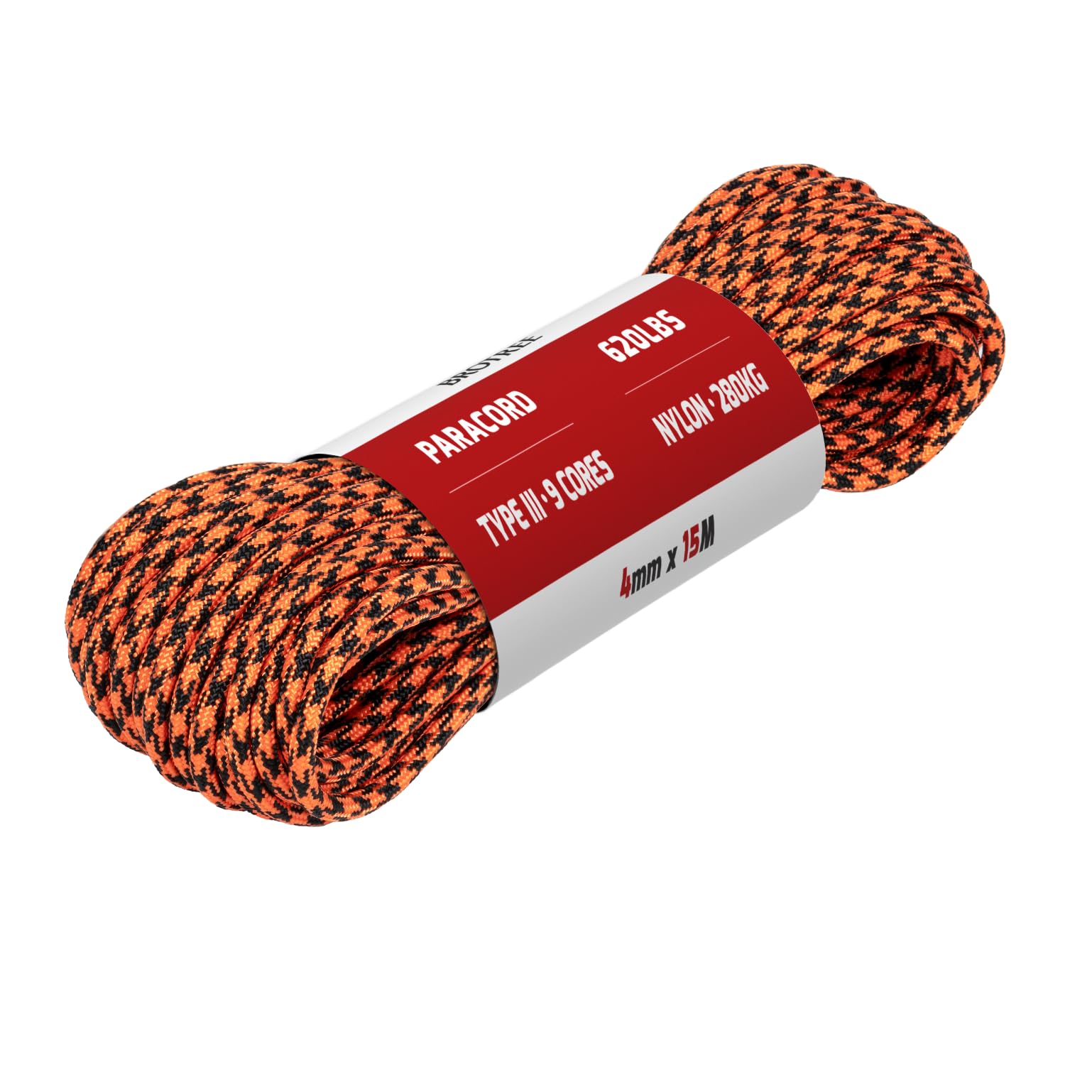 Brotree Paracord 4mm 15M 9 Strands 100% Nylon Rope Type 3 Parachute Cord for Outdoor, Bracelet, DIY - 280kg Breaking Load (Black Widow)