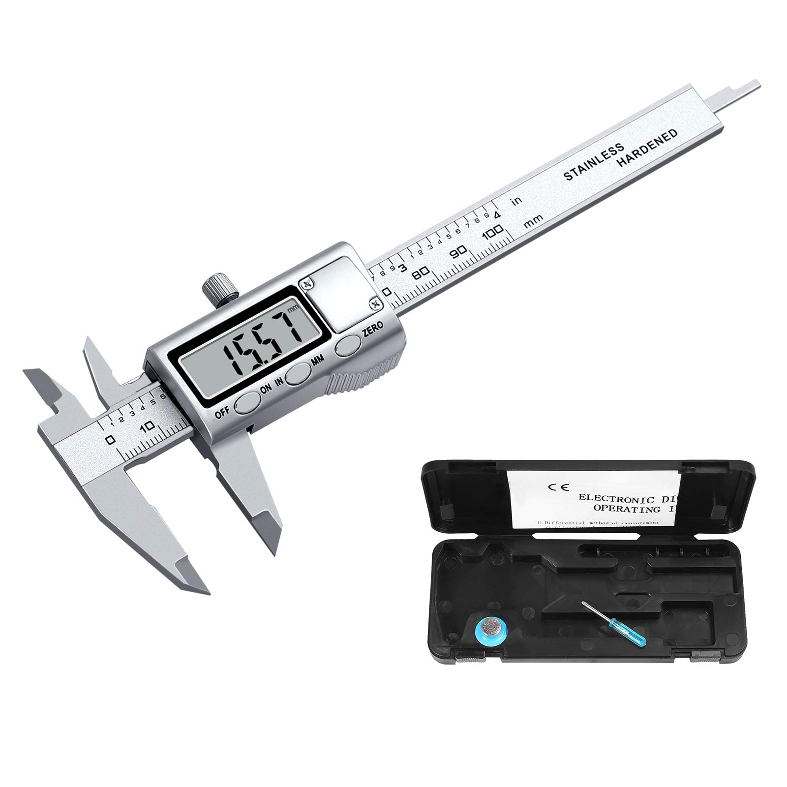 Neoteck Digital Vernier Caliper Stainless Steel Electronic Caliper Fractions/Inch/Metric Conversion Measuring Tool for Length Width Depth Inner Diameter Outer Diameter (100mm/4 Inch)