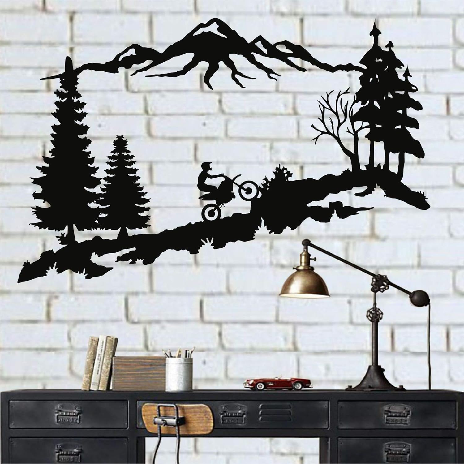 Metal Wall Decor, Mountain Trees Motocross, Metal Motorcycle Art, Metal Wall Decor, Home Decoration Living Room Decor, Motocross Lover Gift (18"W x 11"H / 45x29cm)