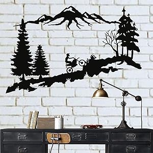 Metal Wall Decor, Mountain Trees Motocross, Metal Motorcycle Art, Metal Wall Decor, Home Decoration Living Room Decor, Motocross Lover Gift (18"W x 11"H / 45x29cm)