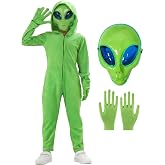 ZUPAZUS Alien Costume Kids Halloween Costume for Boys Girls | Complete Alien Set,Green Onesie,Glowing Alien Mask,Gloves,Soft Fabric,Battery Pocket Inside