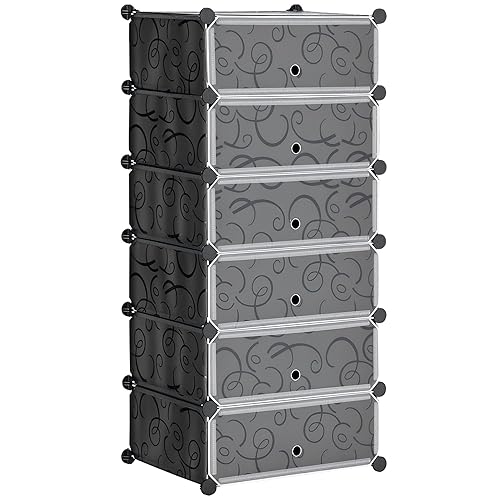 HOMCOM 6-Tier Shoe Rack Organiser, Stackable Storage Boxes with Doors, Shoe Storage Cabinet for Living Room, Entryway, Hallway, Black