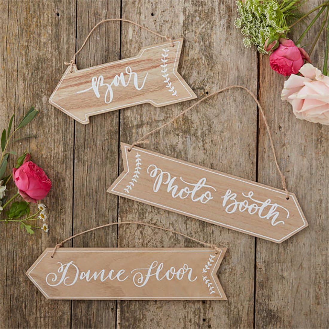 'Bar', 'Photo Booth' Wedding Party Palace – Hanging Christmas Tree Decoration – Sign & Dance Floor – 3 Pack – 31 x 8 cm, Brown