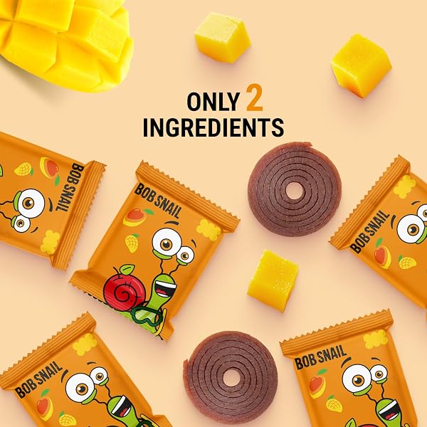 BOB SNAIL FRUIT ROLL UPS – HEALTHY SWEETS SNACKS, REAL DRIED FRUITS, NO ADDED SUGAR, VEGAN, NUT FREE, CANDY FOR ADULTS, KIDS, WITH – BULK 50 PCS ROLLS, 500G (MANGO)