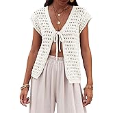 Saodimallsu Womens Tie Crochet Shrug Short Sleeve Open Front Lightweight Knit Cropped Cardigan Sweaters Cover Up