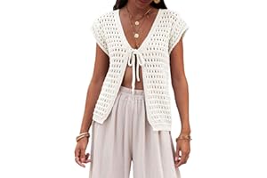 Saodimallsu Womens Tie Crochet Shrug Short Sleeve Open Front Lightweight Knit Cropped Cardigan Sweaters Cover Up