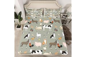FEELYOU Cow Fitted Sheet Cartoon Cat Dog Horse Bed Sheet Set for Kids Boys Girls Teens Room Farm Animal Collection Decor Bedding Set Farmhouse Style Bed Cover 2Pcs Twin Size