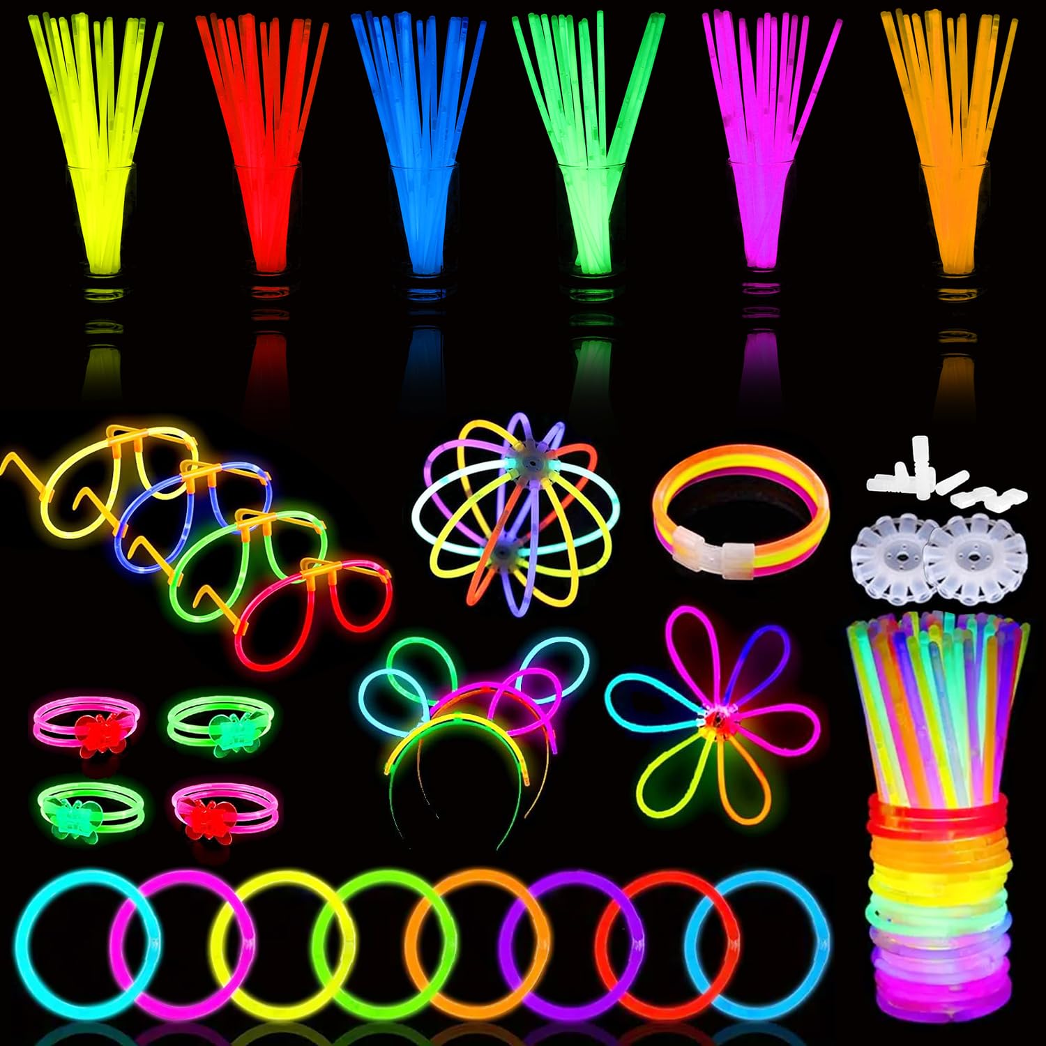 Premium 8 Inch Glow Sticks With Connectors for Kids Adults Bulk 224 Pcs Party Pack To Create Bracelets, Necklaces, Glow Glasses, Bunny Ears, Balls, Flowers etc. Long-lasting Glow Sticks for Children