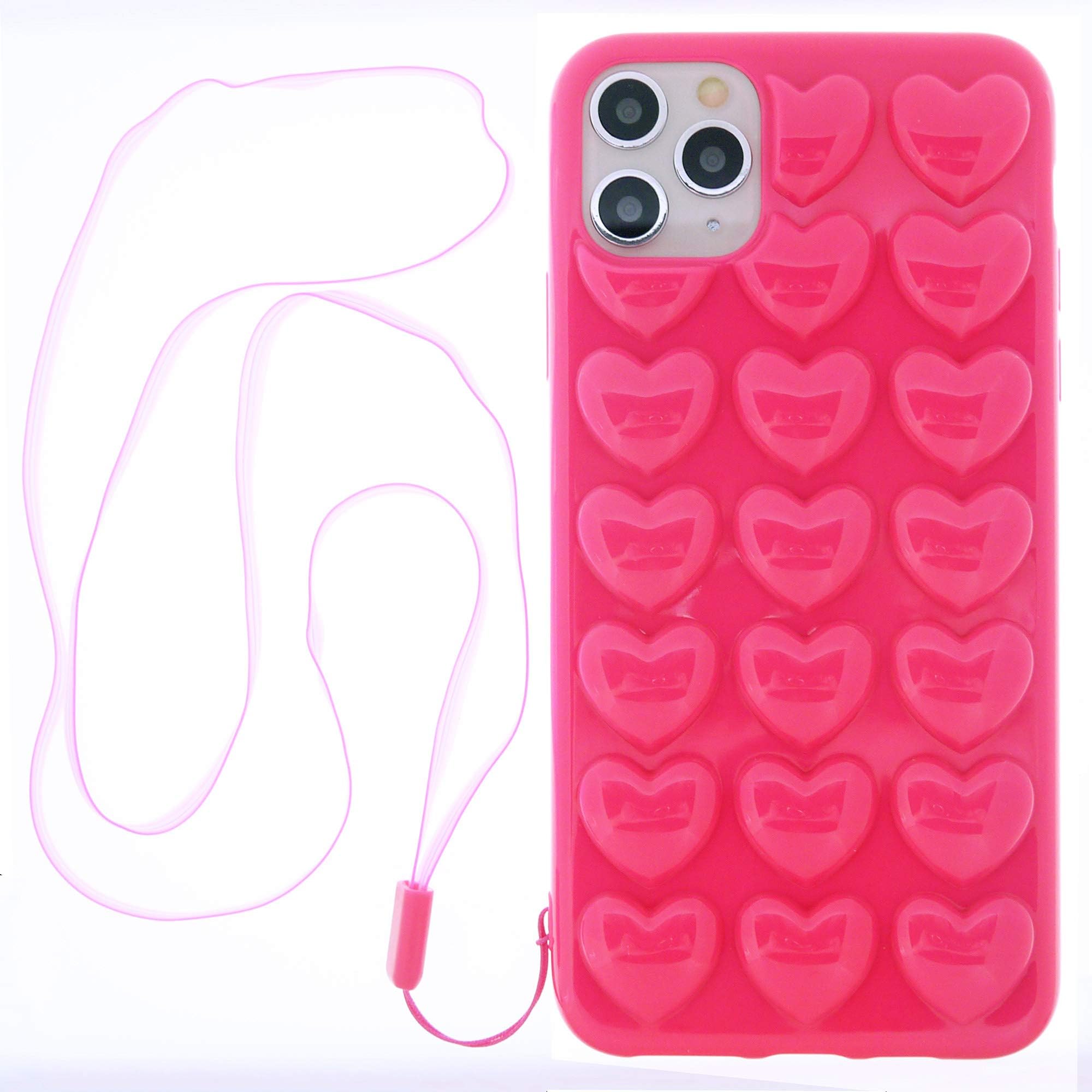 iPhone 11 Pro Case for Women, DMaos 3D Pop Bubble Heart Kawaii Gel Cover with Lanyard Wrist Strap, Cute Girly for iPhone11 Pro 5.8 inch 2019 - Hot Pink
