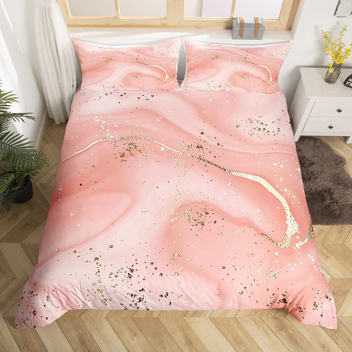 Pink Marbling Duvet Cover Set Single Size, Abstract Marble Texture Comforter Cover with 1 Pillowcase, Gold Glitter Bedding Set 2pcs for Kids Boys Girls Room Decor Lightweight Bedspread Cover — image 1