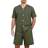 U2SKIIN Men's 100% Cotton Pajama Set Soft Breathable V Neck Button Down Short Sleeve Short with Pocket for Home Lounge Relax