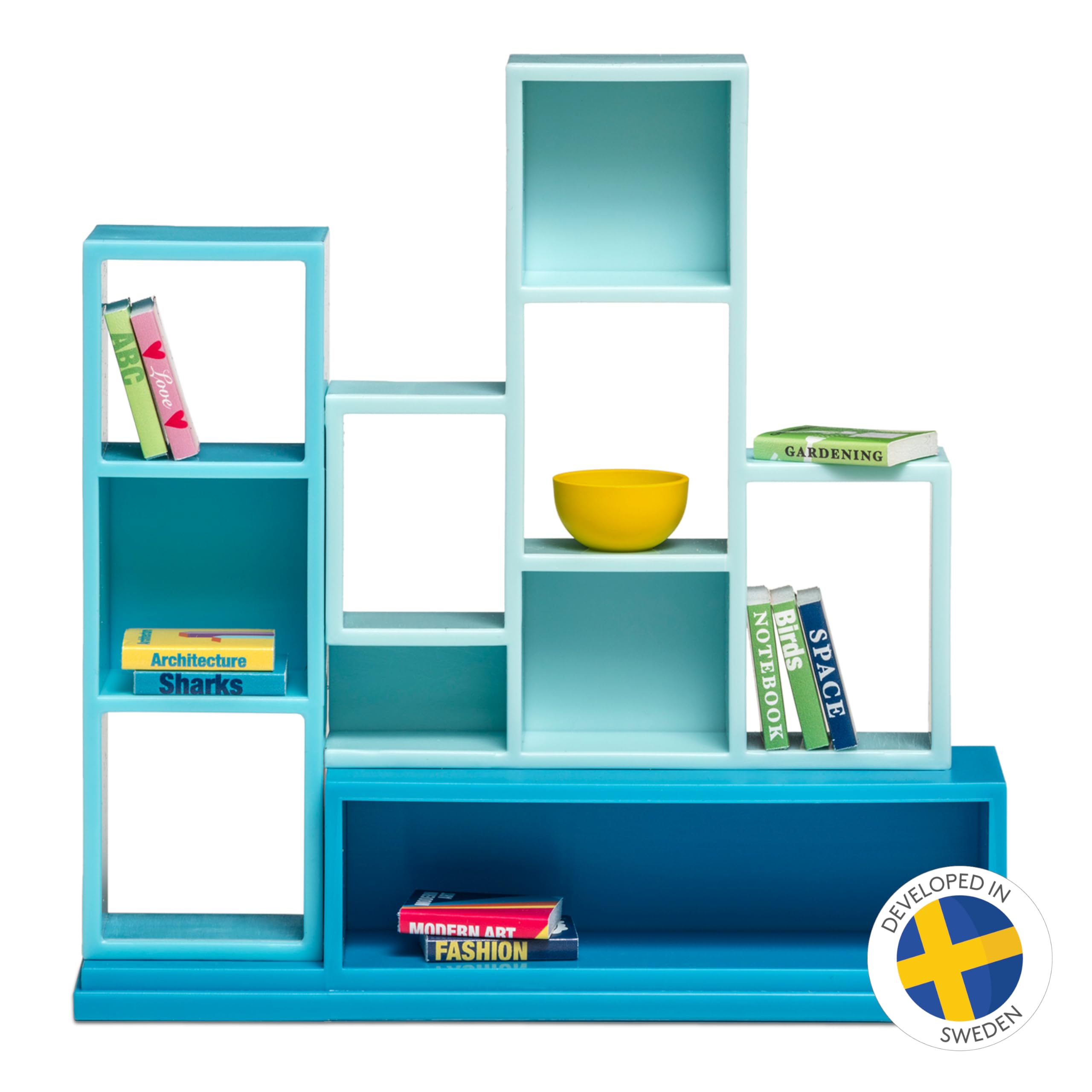 Lundby Dolls House Furniture Sets – Doll House Bookcase + Books Accessories Bookshelf – 12-piece set for 11 cm Mini Dolls for Age 4+ 1:18